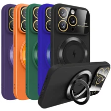 For iPhone 15 Pro Max Plus Phone Case Ring Stand Full Cover Lens Protector Glass