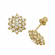 White Sapphire Birthstone  Baby Girl Flower Stud Earrings 14K Yellow Gold