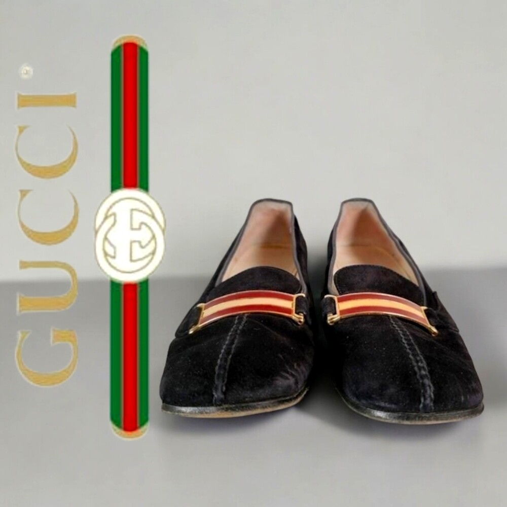 Vintage Gucci Black Suede Heeled Loafers with Gold& Red Vintage Gucci Black Suede Heeled Loafers with Gold& Red