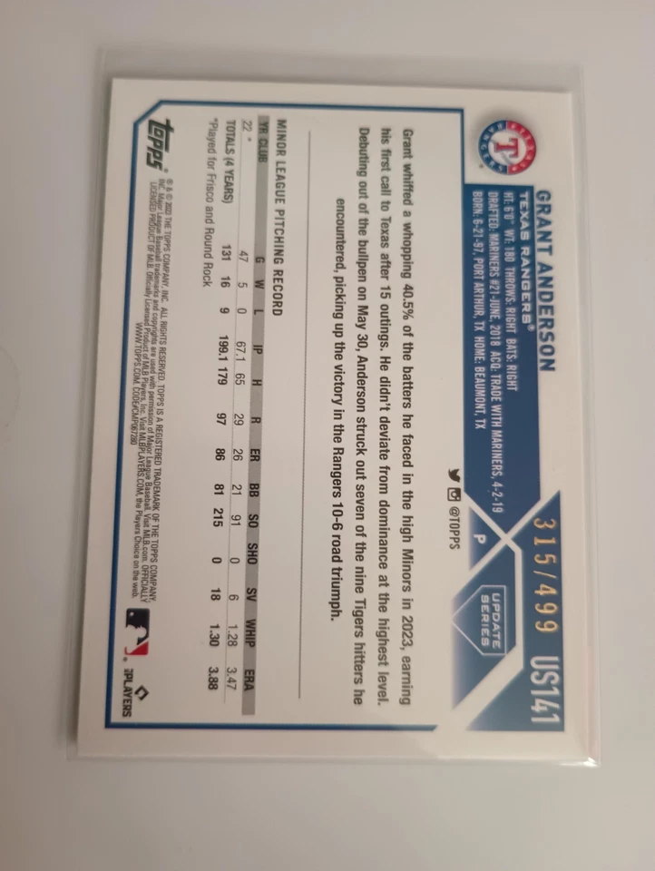 2023 Topps Update Grant Anderson Green Rookie Card No. 315/499 - Image 2 of 2