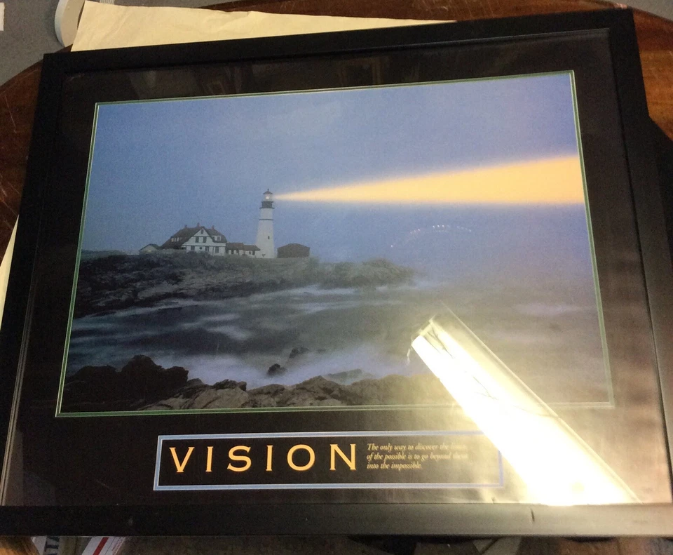 Houses And Lighthouse On The Sea Print In Plastic Frame 24” X 30 Black - Image 2 of 4