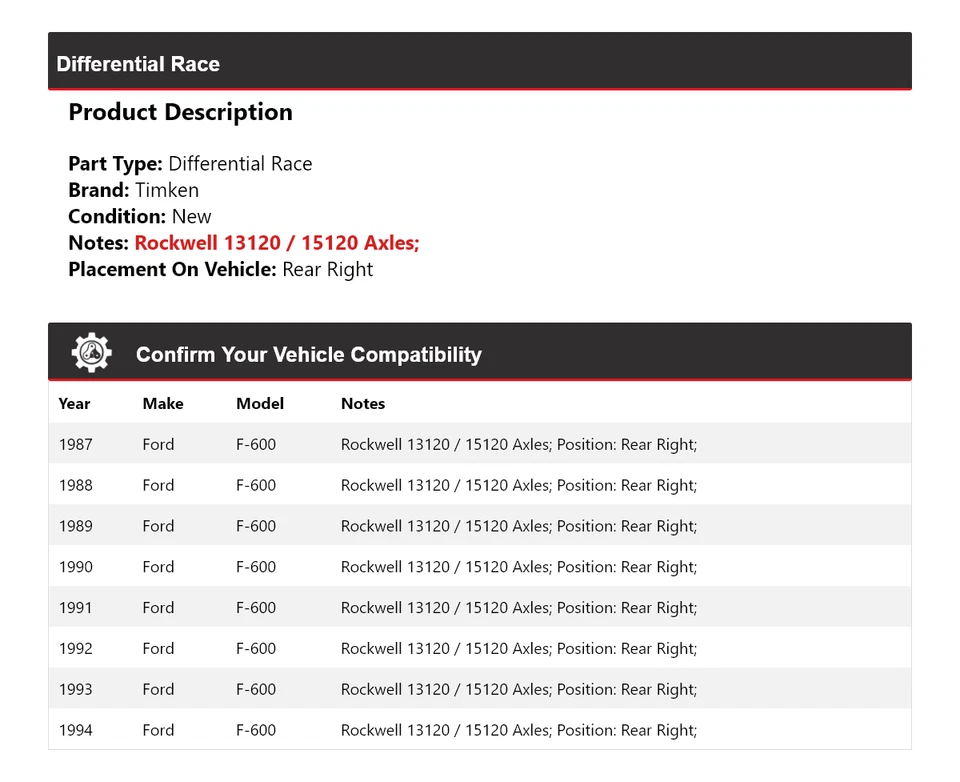 Diferencial trasero derecho carrera Ford F-600 1987-1994 Timken 1988 1989 1990 1991 Foto 2 de 4