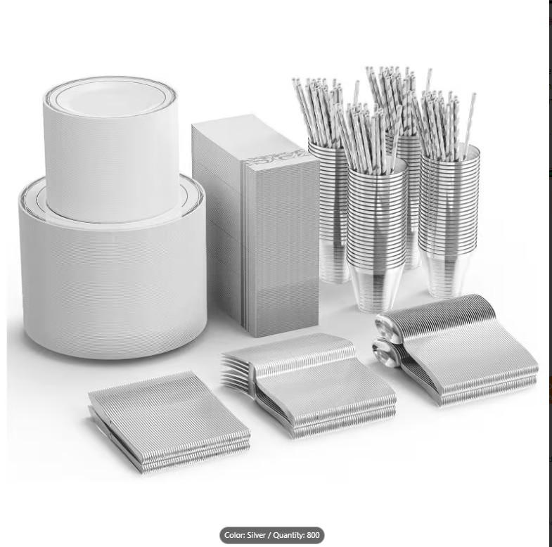 800 Pcs Disposable Dinnerware Set for 100 Guests / Cup / Plates / Spoons Silver
