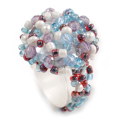 20mm D/Blue/White/Lavender Glass and Acrylic Bead Button-shaped Flex Ring -