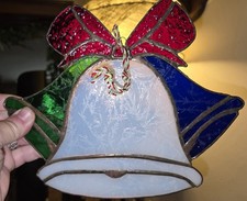 Vintage Stained Glass Metal Christmas Bells Holly Sun Catcher 9" Window Ornament