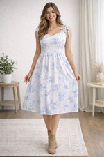 Cider Blue Floral Ruffle Strap Ruched Bodycon Midi Dress Size Medium M