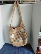 TAN Crochet Tote Bag Boho Beach Style; DAISY FLORAL DESIGN;LINED/MAGNETIC CLASP