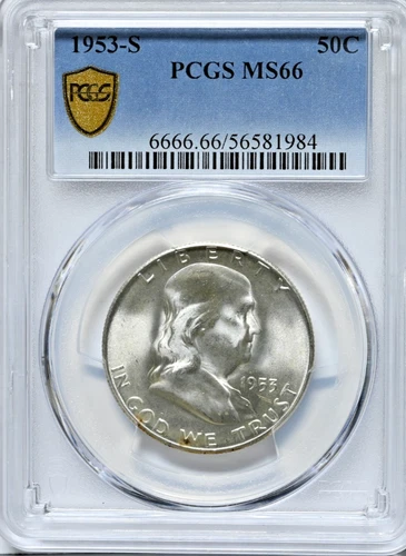 1953-S 50c Franklin Half Dollar PCGS Graded Coin MS66 Gold Shield #6666