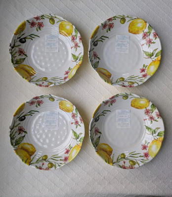 4 Shabby Chic Pasta Bowls Lemons Olive Melamine Set Lot Outdoor Floral Tuscan 9''