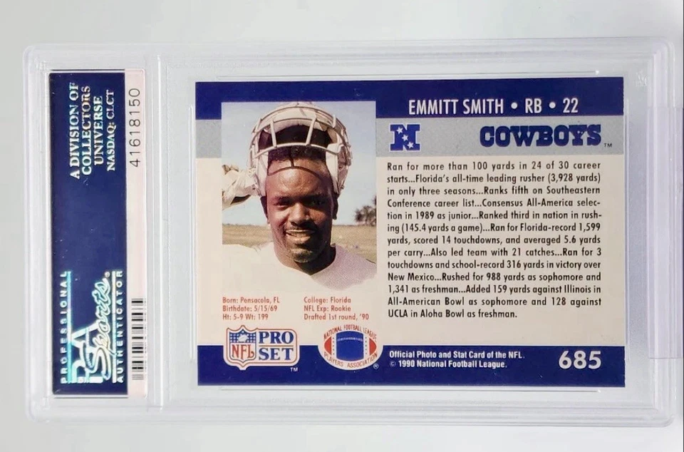Juego profesional Emmitt Smith Rookie RC 1990 #685 PSA 10 gemas como nuevo Foto 2 de 2