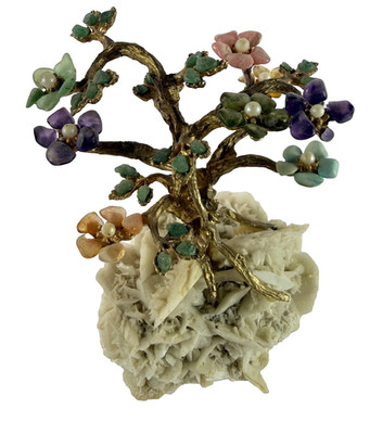 Swoboda Gemstone Pearl Jade Amethyst Flower Tree Gold Trunk Mineral Base VTG 60s