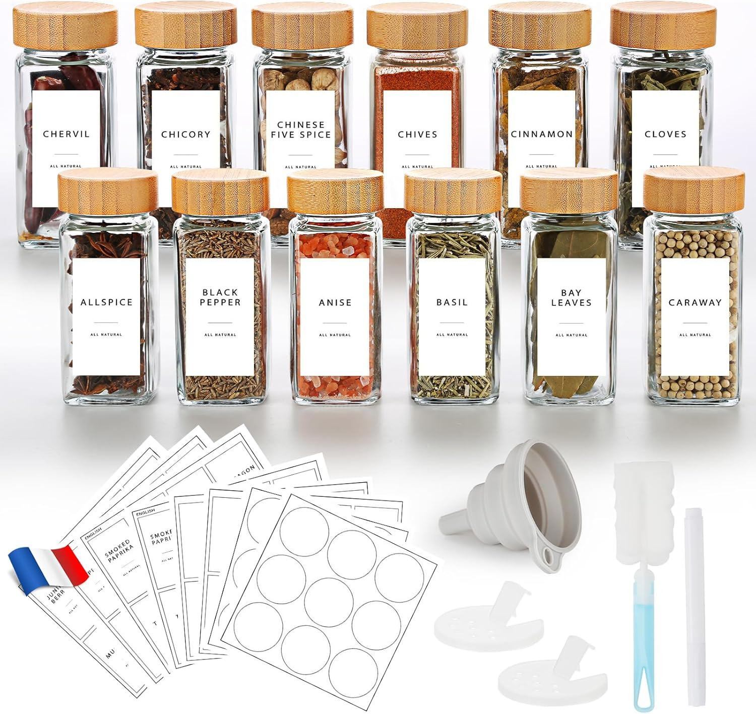 Pots à épices verre bois 120ml pour étagère de cuisine