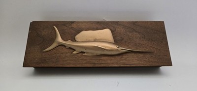 Vintage MCM Wood Box with a Solid Brass Sculpted Sailfish Sail Fish on the Lid