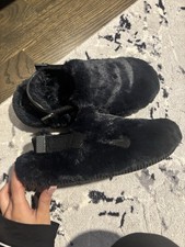 Nike Black Faux Fur Women's Slip-On Comfort Lined Slippers Flat Rubber Outsole