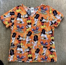 Disney Scrub Top Minni Mickey Orange Halloween Womens Med Colorful