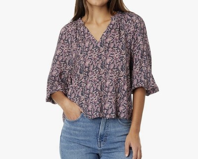 Faherty Portia Top Womens Large Blue Purple Fiona Block Print ECOVERO Blouse NWT