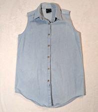 Vtg Womens S Light Blue Denim Sleeveless Shirt Cotton Button Down Made in USA