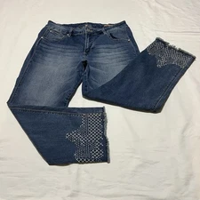 Jag Jeans Mid Rise Straight Ankle Blue Denim Womens 12 Embroidered Frayed Cuffs