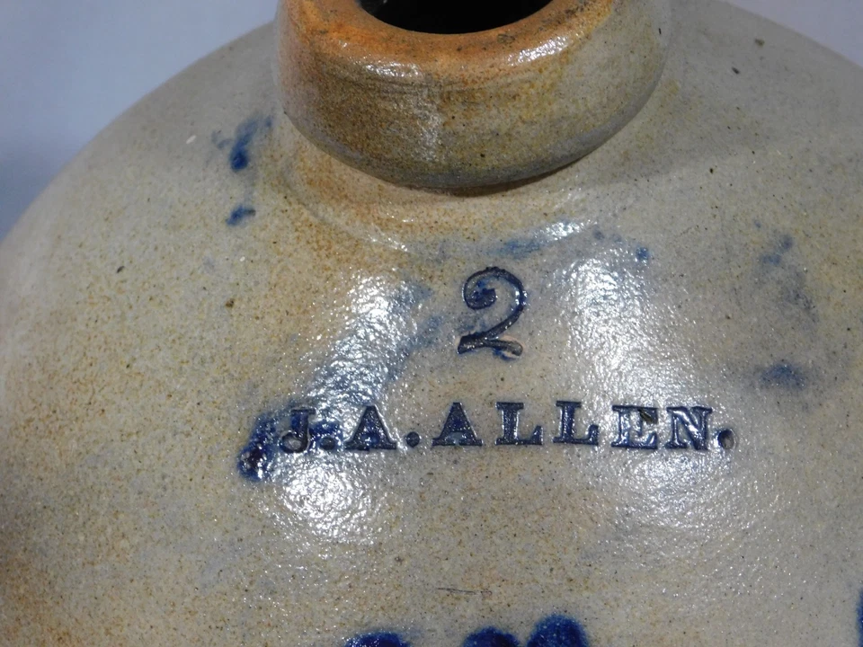 Jarra de gres antigua rara J. A. Allen cobalto decorado James NY Atenas? ca 1860 Foto 3 de 4