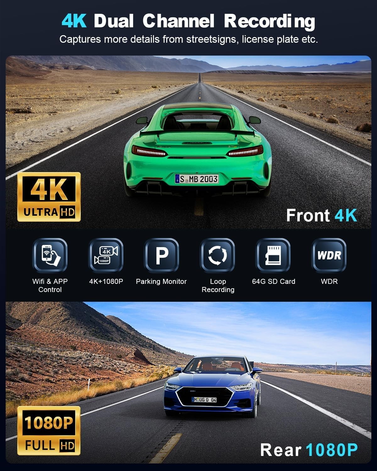 Dash Cam Auto 4K Dashcam con WIFI & App Dashcam Auto con 64G Scheda Telecamera - Miniatura 2