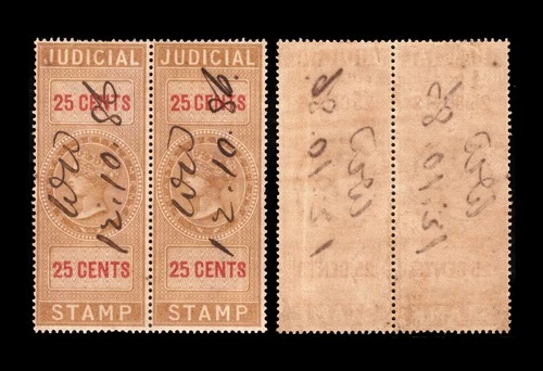 Malaya Straits Settlements QV brown Judicial 25c pair, used.  Scare in pair.