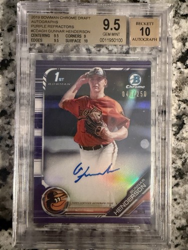 Bowman 2019 Draft Gunnar Henderson Chrome Auto Purple Refr /250 BGS 9.5 CDA-GH