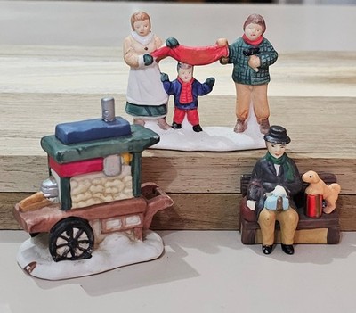 3 Christmas Porcelain Figurines Set 2.5'' Ice Cream Cart & Family Scene handpaint