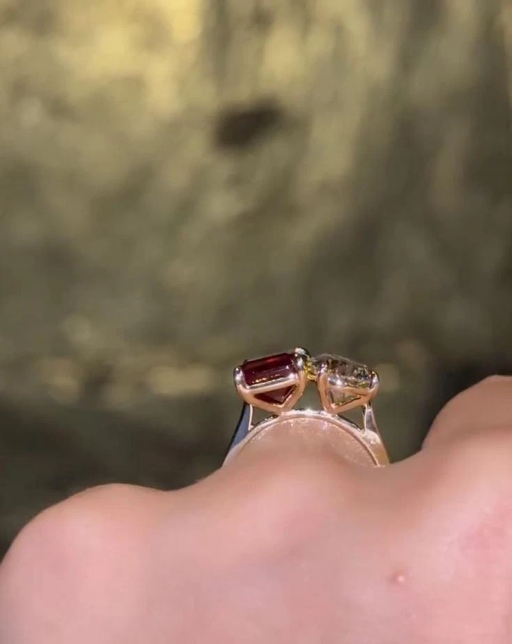 Luxury Red Emerald Cut Ruby Ring with Moissanite Pear Cut Women 14K Gold Plated - Image 3 of 4
