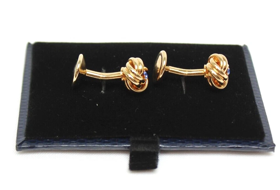 WEH Hayward Pair of 3/8" Brass & Faux Sapphire Knot Fixed Back Cufflinks 7/8"L - Image 3 of 4