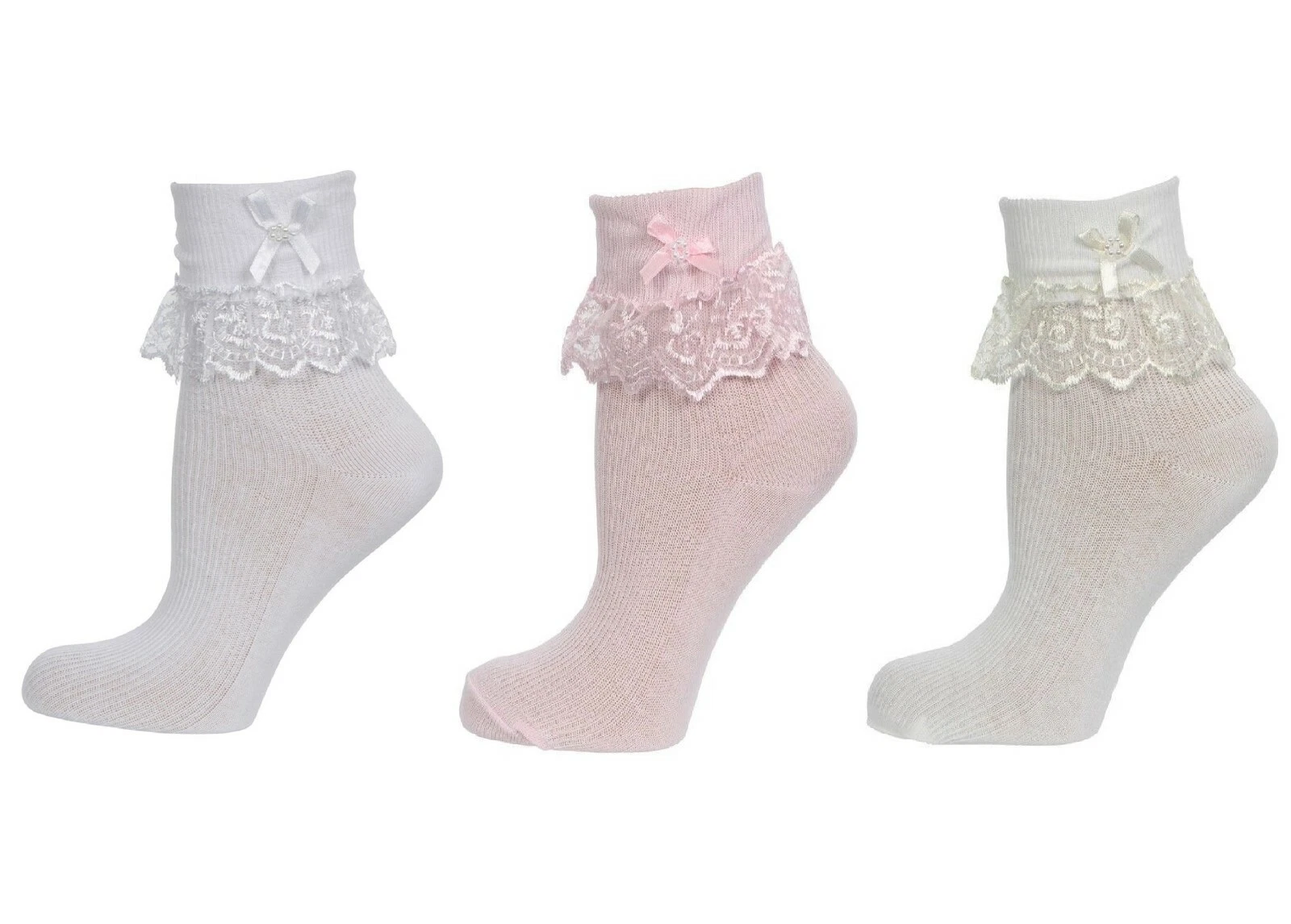 12 x Pack Girls Frilly Lace Ankle Wedding Socks in Cotton Footwear Jester