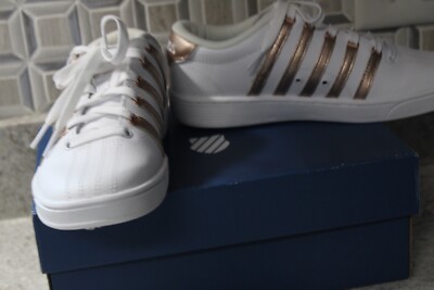 K-Swiss Sz 8 Court Pro II Sneaker White Leather Gold Stripe Memory