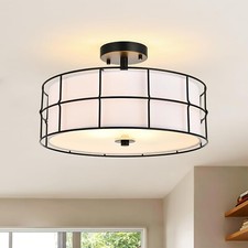 16" Semi Flush Mount Ceiling Light Fixture, 3-Light Black Metal Mesh Drum Ceilin