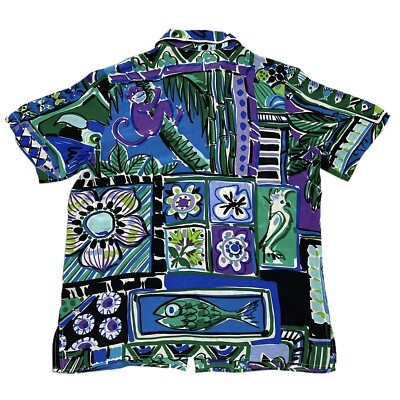 Bob Mackie Wearable Art 100% Silk Novelty Cat Short Sleeve Hawaïi