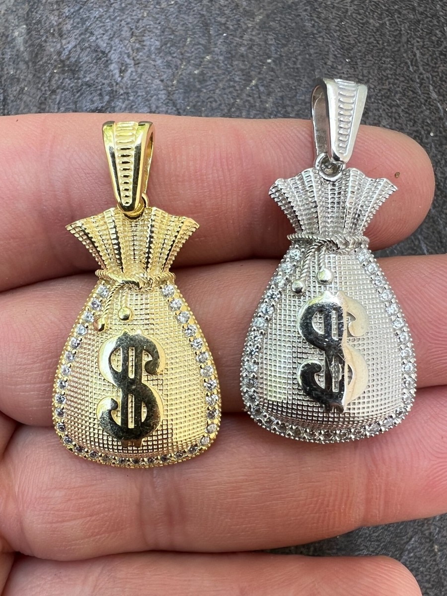 Real 925 Silver / 14k Gold Plated Money Bag Dollar Sign Pendant