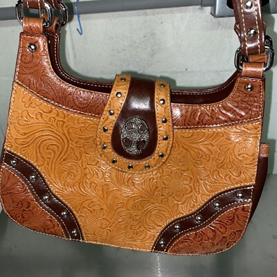 MC Marc Chantal Striped Faux Leather Tooled Bag Brown Studded Straps