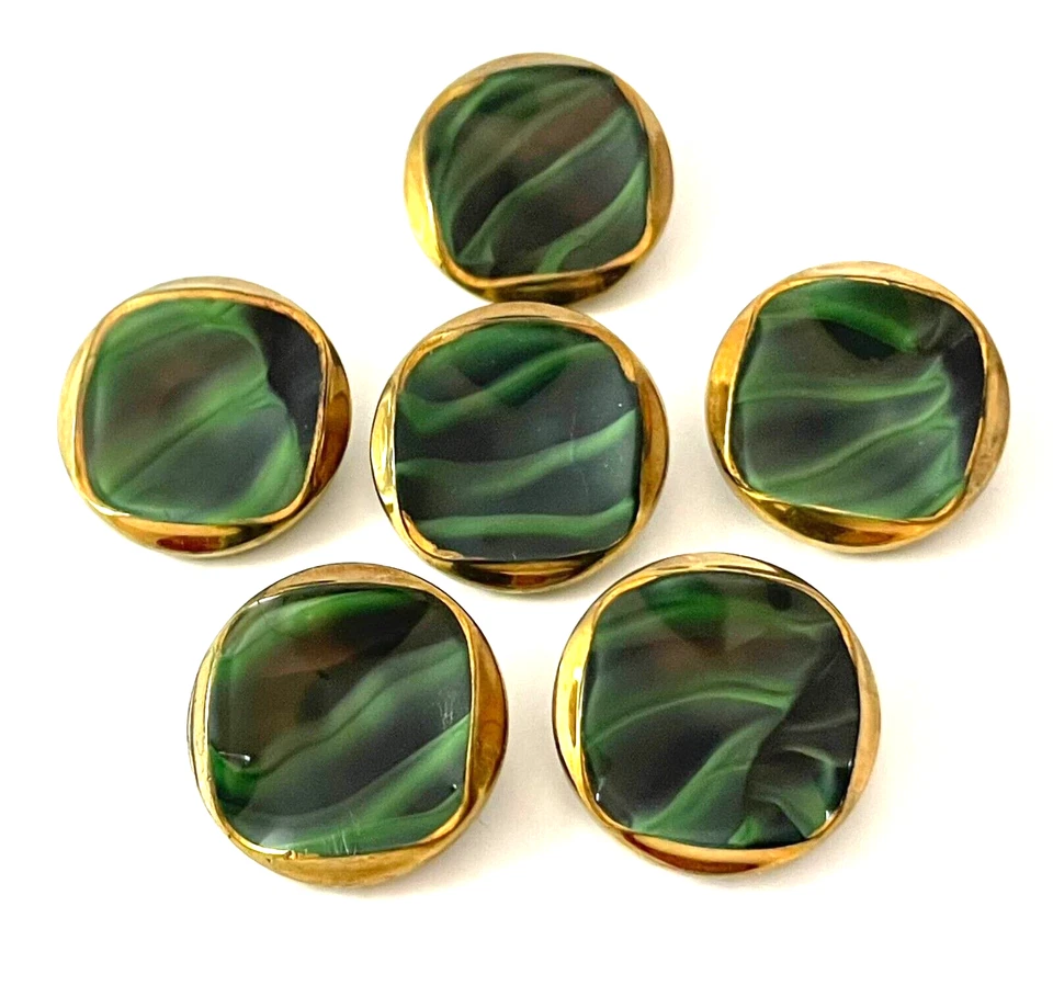 VTG Set of 6 Green Czech Glass Buttons Marbled Faux Malachite Gold 23 mm 7/8" - Image 2 of 4