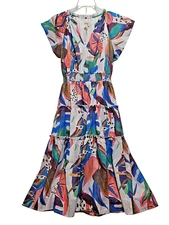 Umgee Maxi Dress Womens XL Plus White Blue Short Sleeve Ruffle Tiered Floral New