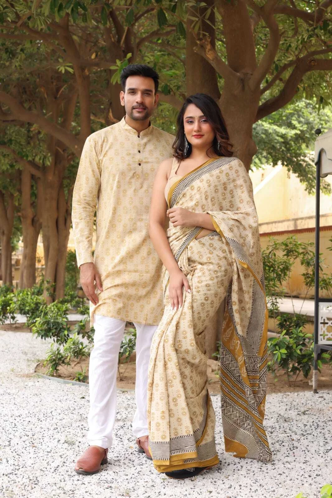 Drape in Love: Handmade Men's Kurta and Women's Saree Men & Women Wear Combo!