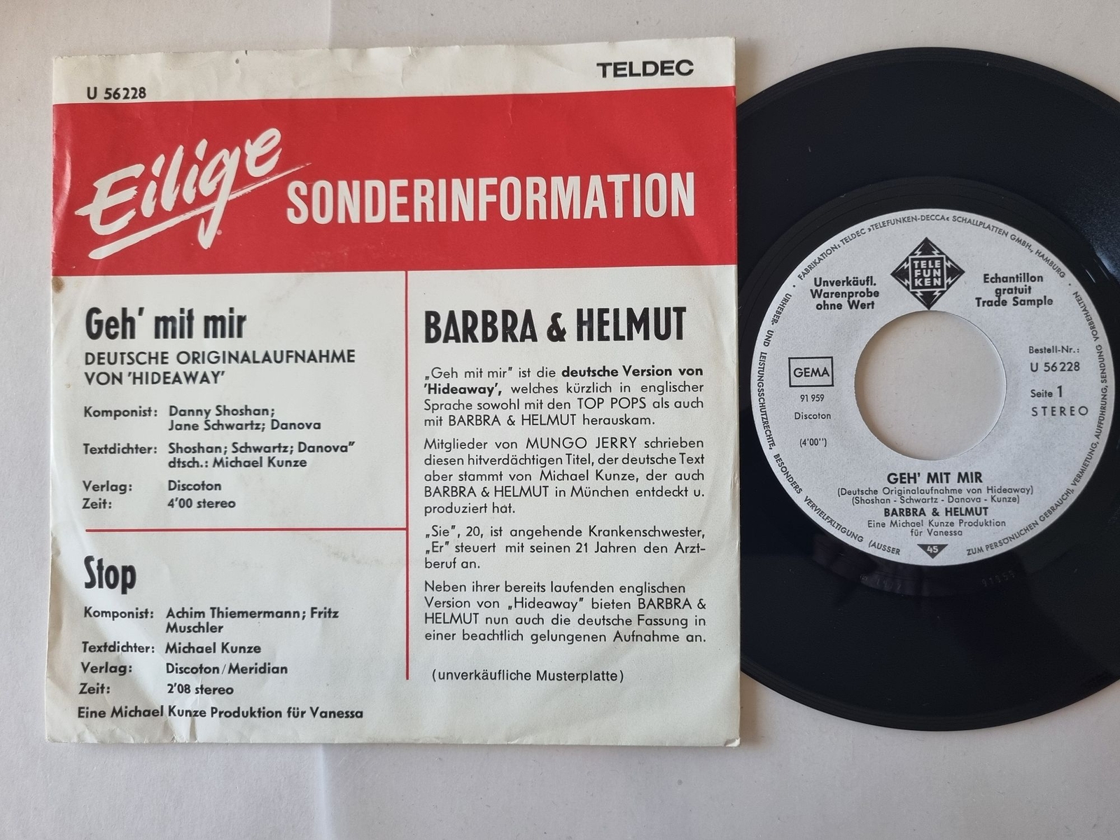 Barbra & Helmut - Geh' mit mir 7'' Vinyl Germany PROMO