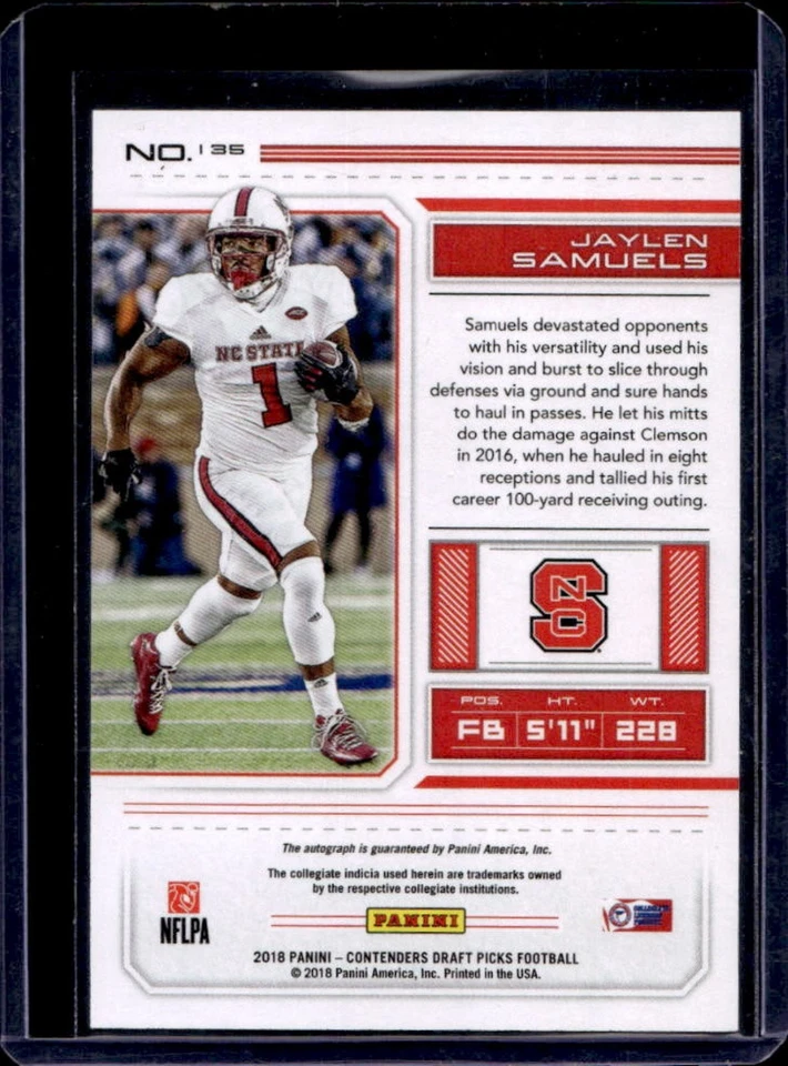 2018 Contenders Draft Picks Jaylen Samuels RC Blue Foil SSP Auto #135b - Image 2 of 2