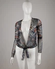 Jean Paul Gaultier Size XS Target Mesh Tattoo Print Tie Front Crop Cardigan Top