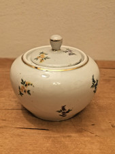 Zuckerdose klein 7,5 cm, Blumen-Dekor & Goldrand – „Lehrkombinat Joh. Fr. Böttge