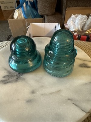 2-Vintage Aqua Green Glass Insulator Bubbly/Fizzy Look To The Glass White Spots