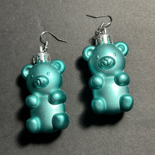 Funky Teal Blue Gummy Bear Earrings Christmas Shimmer Ornament Candy Metalic