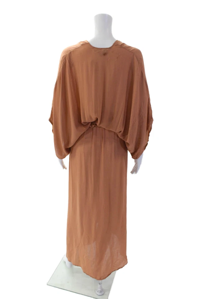 Maxi Vestido Indah Para Mujer Mangas Cortas Cinturón Línea A Marrón Talla Pequeña Foto 3 de 4