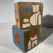 Vintage Pair Of Wooden Alphabet Toy Blocks House Bear Heart ABC Decor 3.5  x3.5  