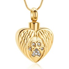 Heart Paw Print Urn Necklace for Ashes for Dog Cremation Jewelry Angel Wing H...