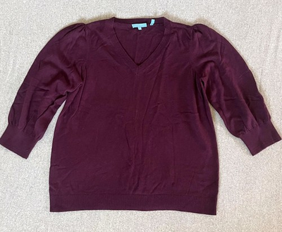 #ad Draper James Sweater Women 1X Red Burgundy V Neck Puff Sleeve Wool Cashmere Knit $10.00
