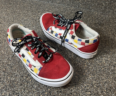 Vans ComfyCush Sneaker Red/Multicolor Check Kids Sz 2 Suede/Canvas Shoes Lace Up