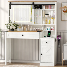 Farmhouse Makeup Vanity with Sliding Barn Door Lighted Mirror Washed White